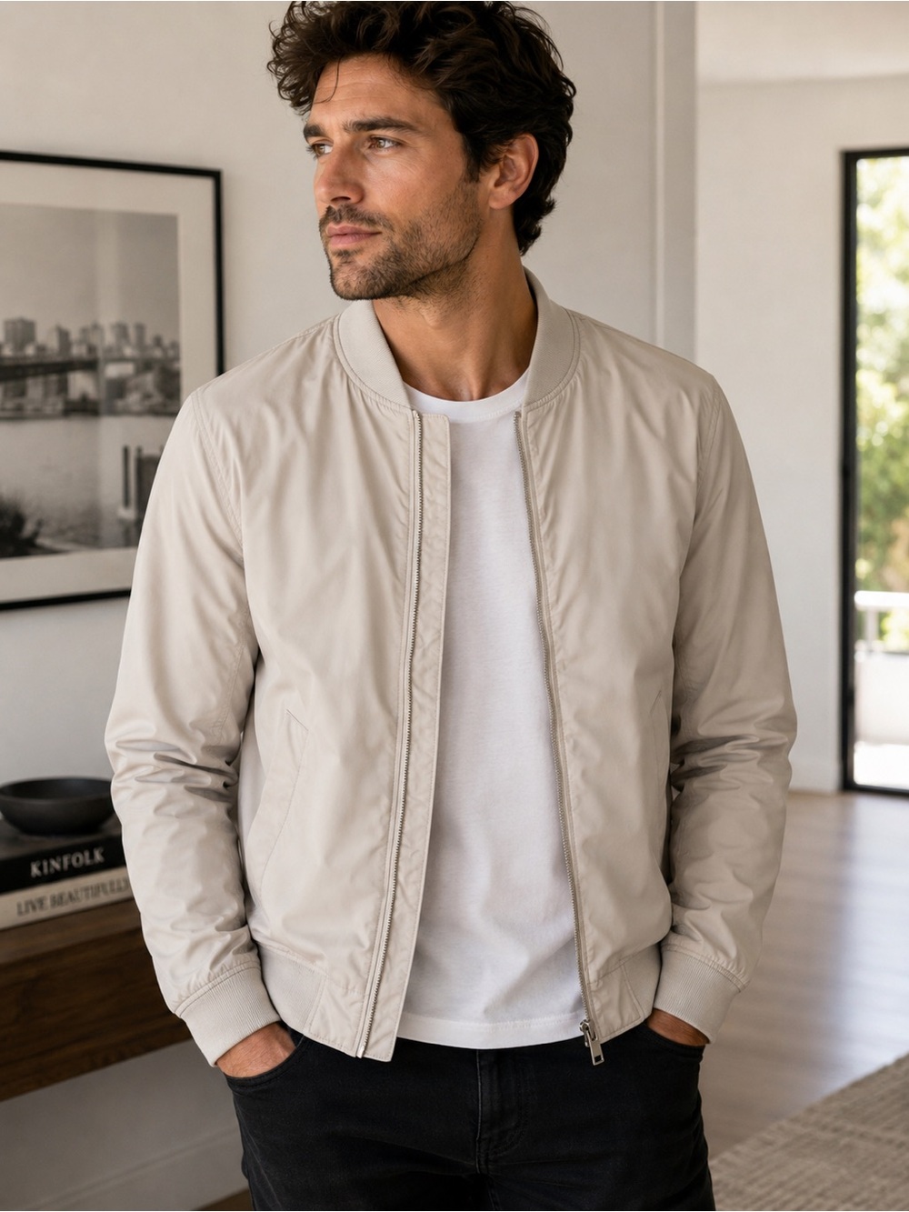 H&M Lightweight Bomber Jacket Men’s Beige Greige Full Zip